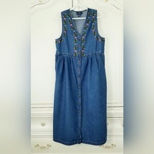 Vtg Blue Floral Embroidered Denim Button Down Jumper Dress 12 Original TY Wear
